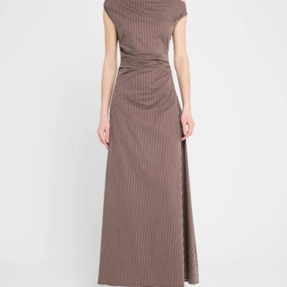 Phare Striped Asymmetric Maxi Dress In Dark Oak Micro Stripe 6 - Picture 1 of 16